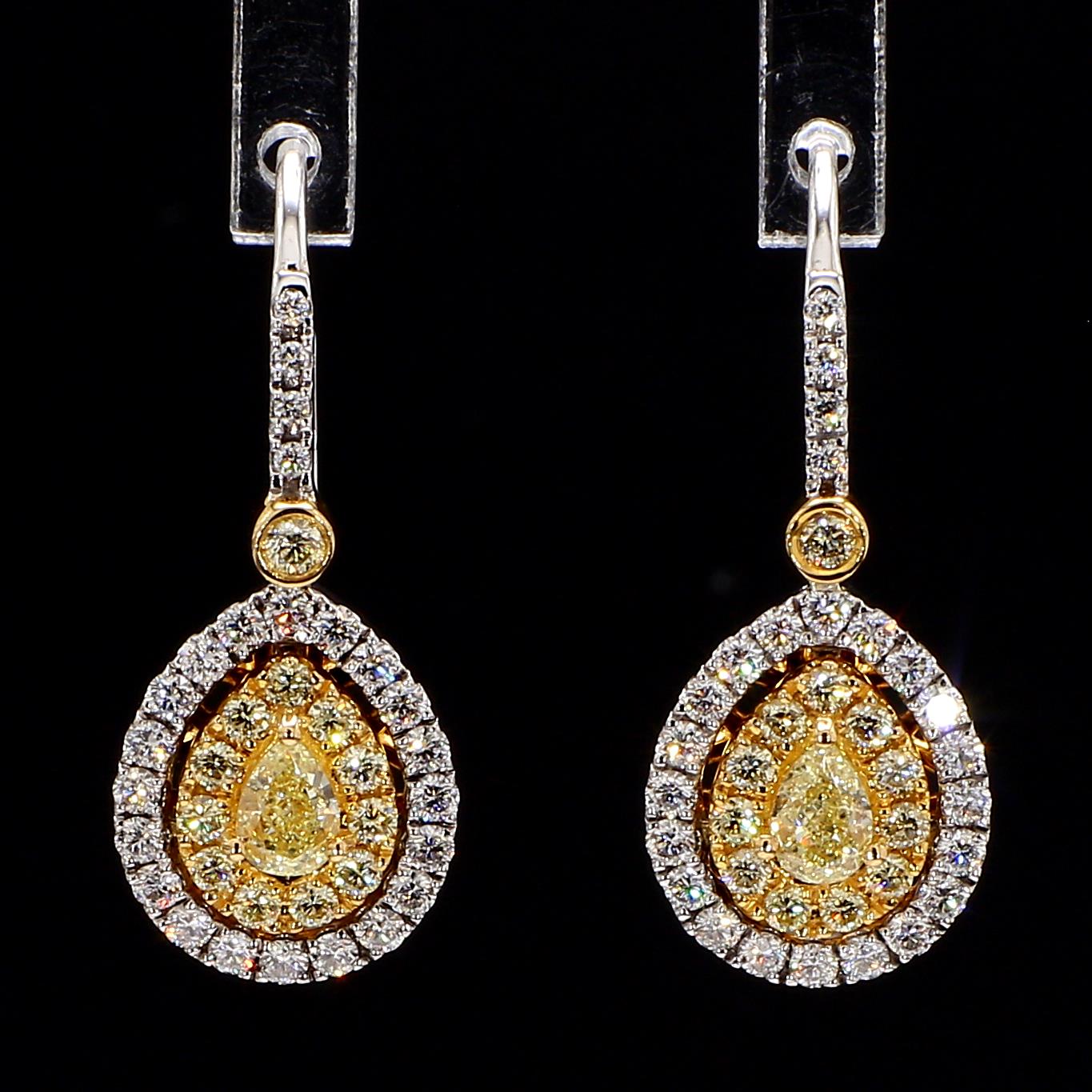 fancy yellow pear diamond double halo drop earrings 1.27 carat