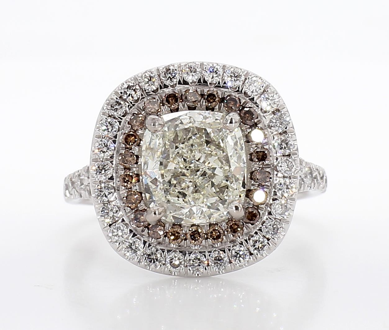 exceptional cushion double halo ring white & brown diamonds 3.26 carat