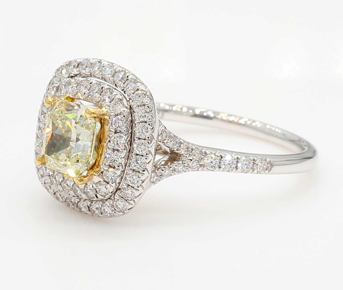fancy light yellow cushion double square halo diamond ring 1.57 carat