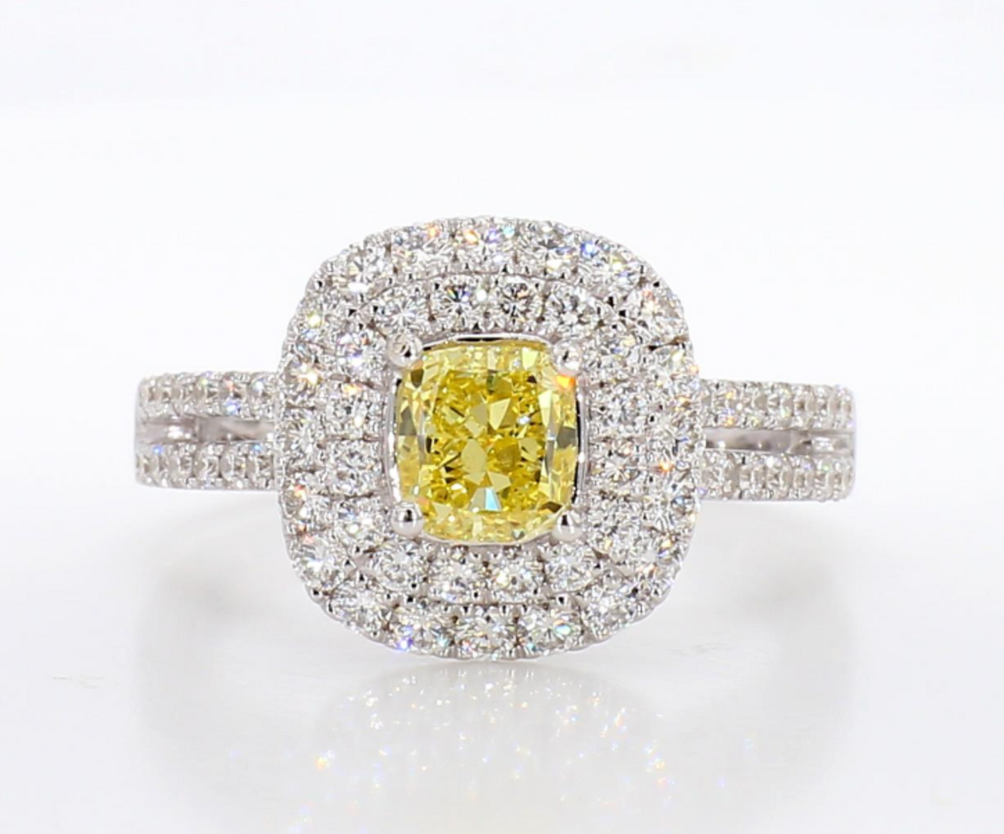 fancy intense yellow cushion double halo diamond ring 1.78carat