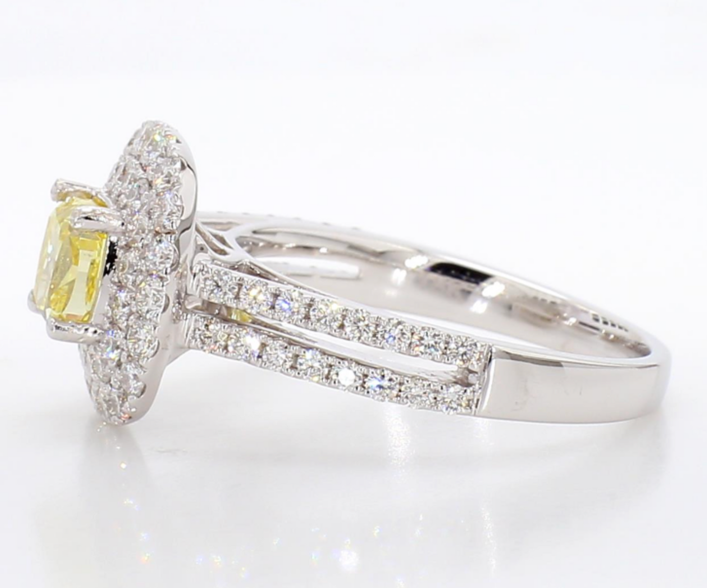 fancy intense yellow cushion double halo diamond ring 1.78carat
