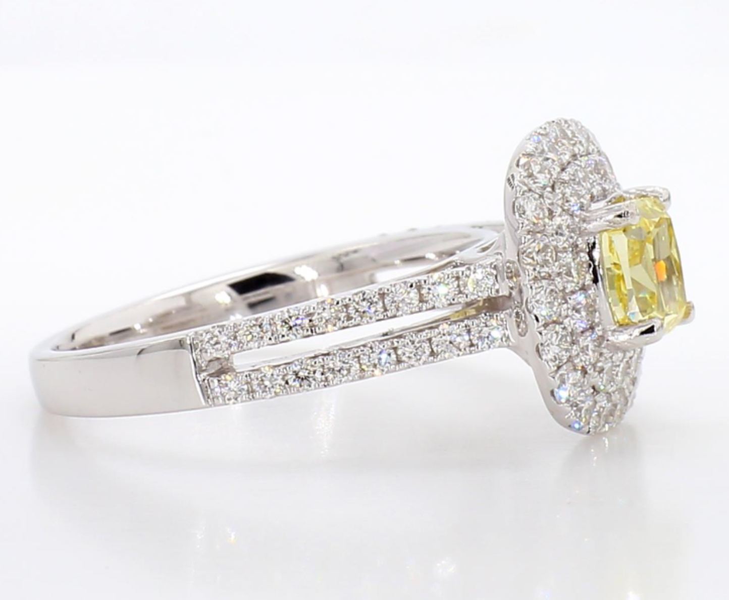 fancy intense yellow cushion double halo diamond ring 1.78carat