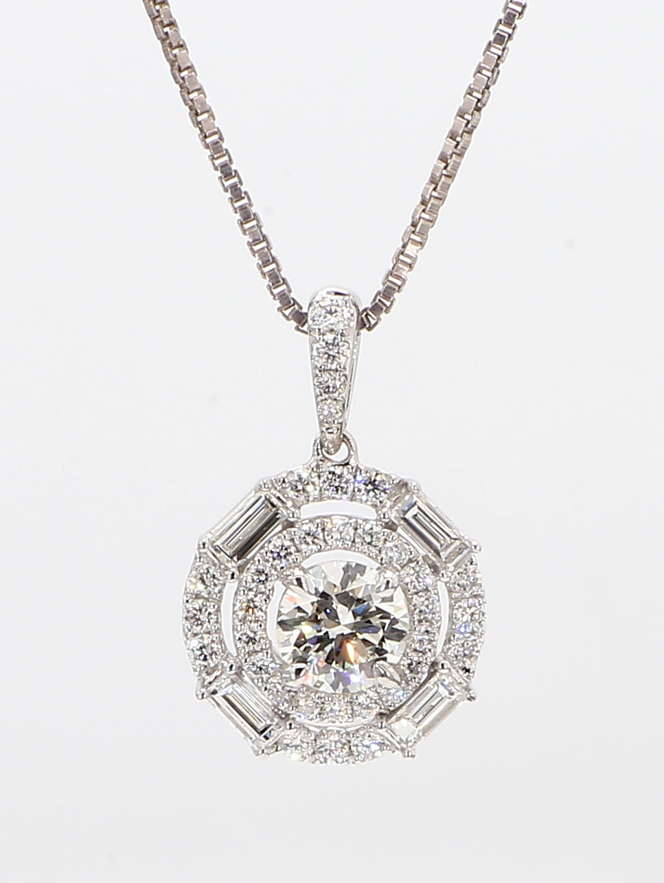 white diamond baguettes & round pendant necklace 0.93 carat