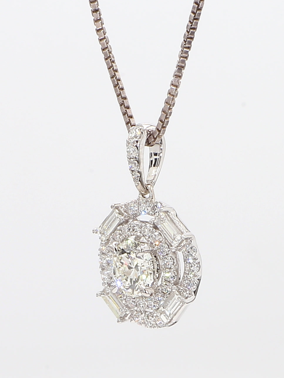 white diamond baguettes & round pendant necklace 0.93 carat