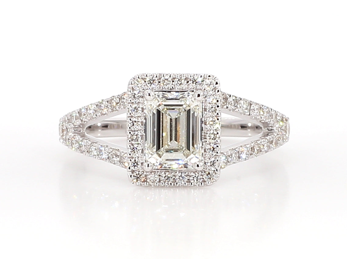 white emerald cut diamond halo ring  1.57 carat