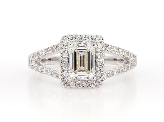 White Emerald cut Diamond Halo Ring  1.57 Carat