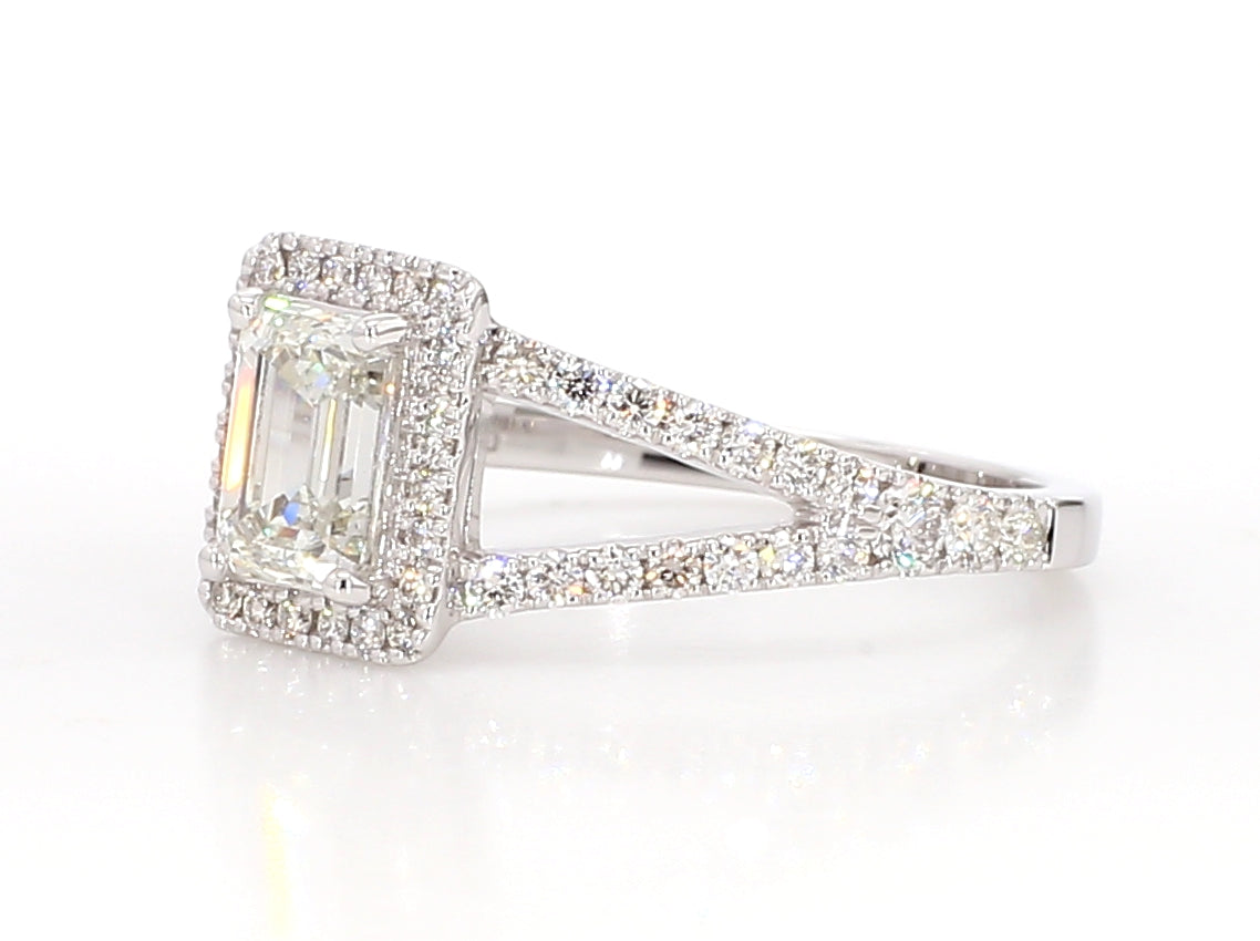 white emerald cut diamond halo ring  1.57 carat