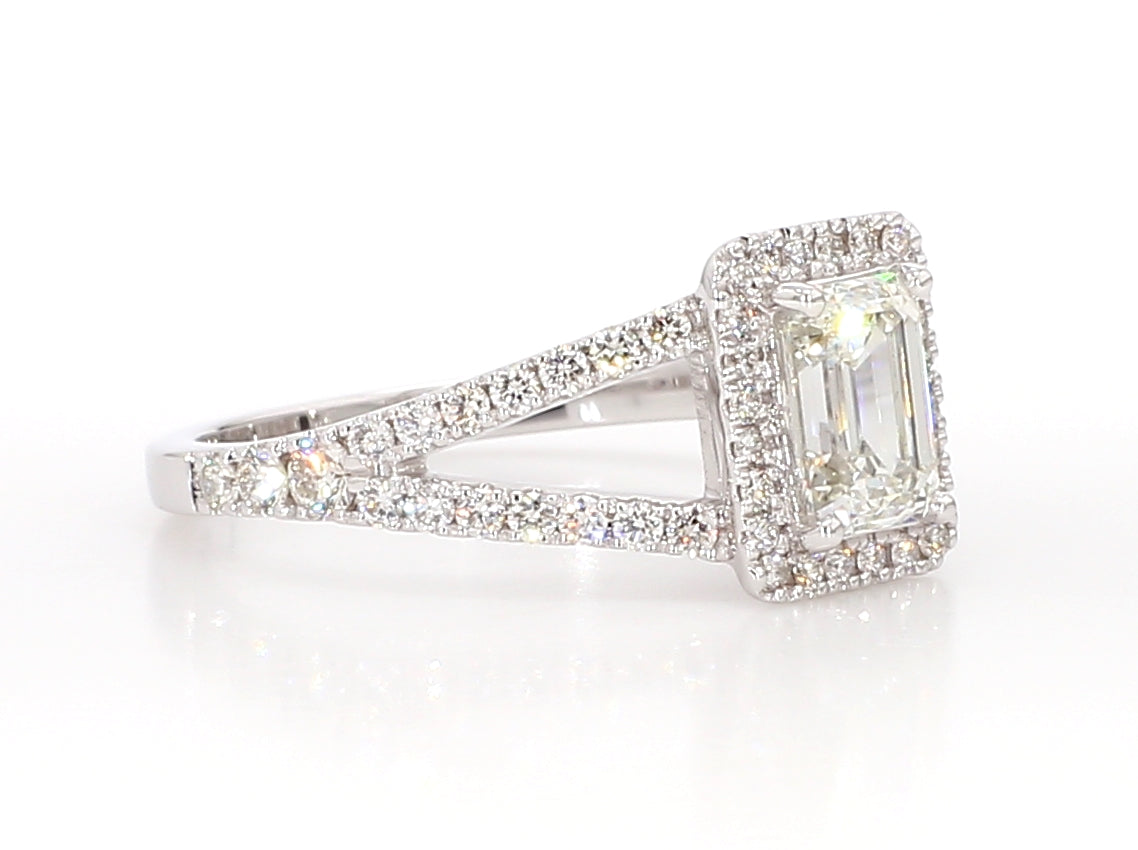 white emerald cut diamond halo ring  1.57 carat