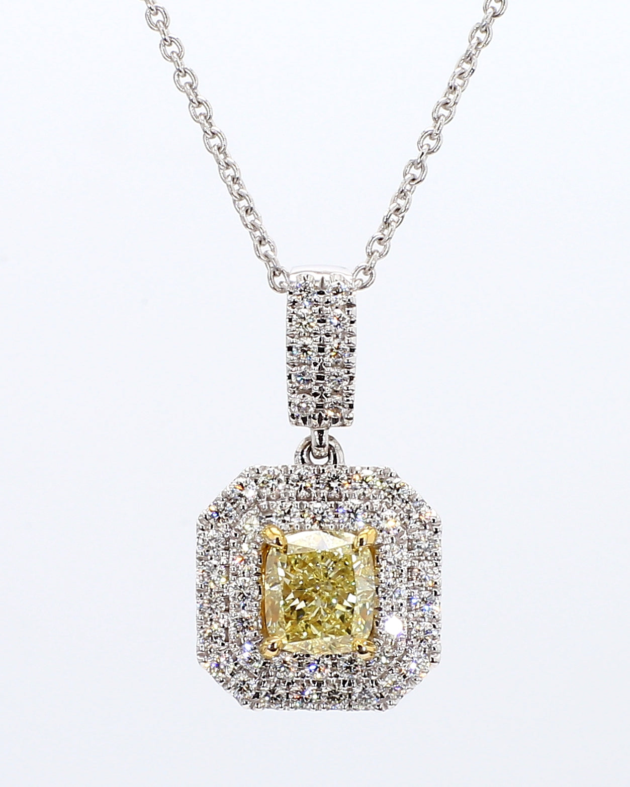 fancy yellow cushion diamond double halo pendant 1.32 carat