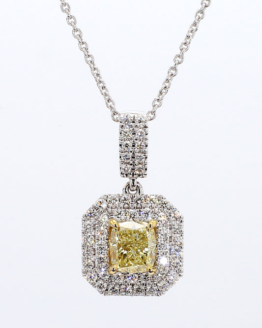 Fancy Yellow Cushion Diamond Double Halo pendant 1.32 Carat