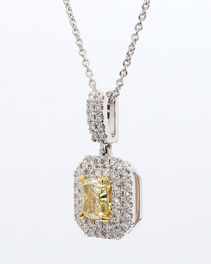 Fancy Yellow Cushion Diamond Double Halo pendant 1.32 Carat