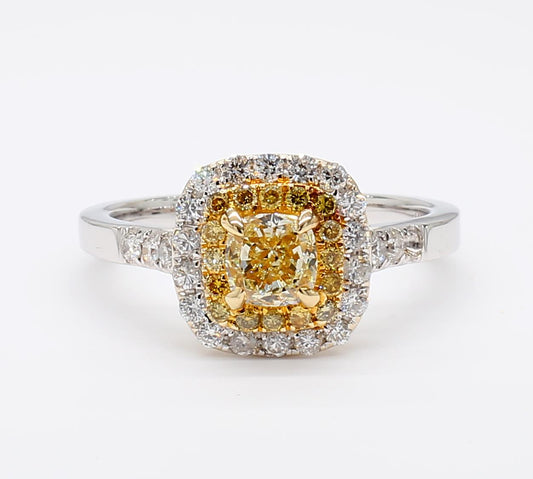 Fancy Yellow Cushion Diamond Double Halo ring 1.00 Carat