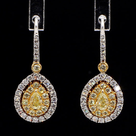 Fancy Yellow Pear Diamond Double Halo Drop Earrings  1.27 Carat