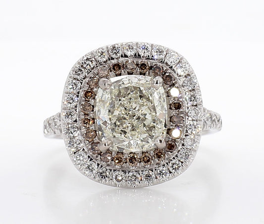 Exceptional Cushion Double Halo Ring White & Brown Diamonds  3.26 Carat