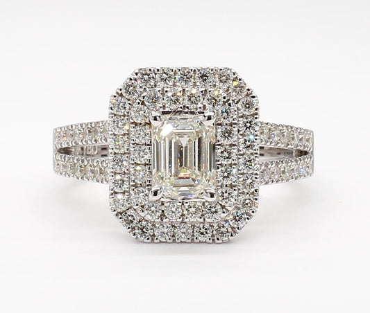 Emerald cut Diamond Double Halo Split shank Ring  1.74 Carat