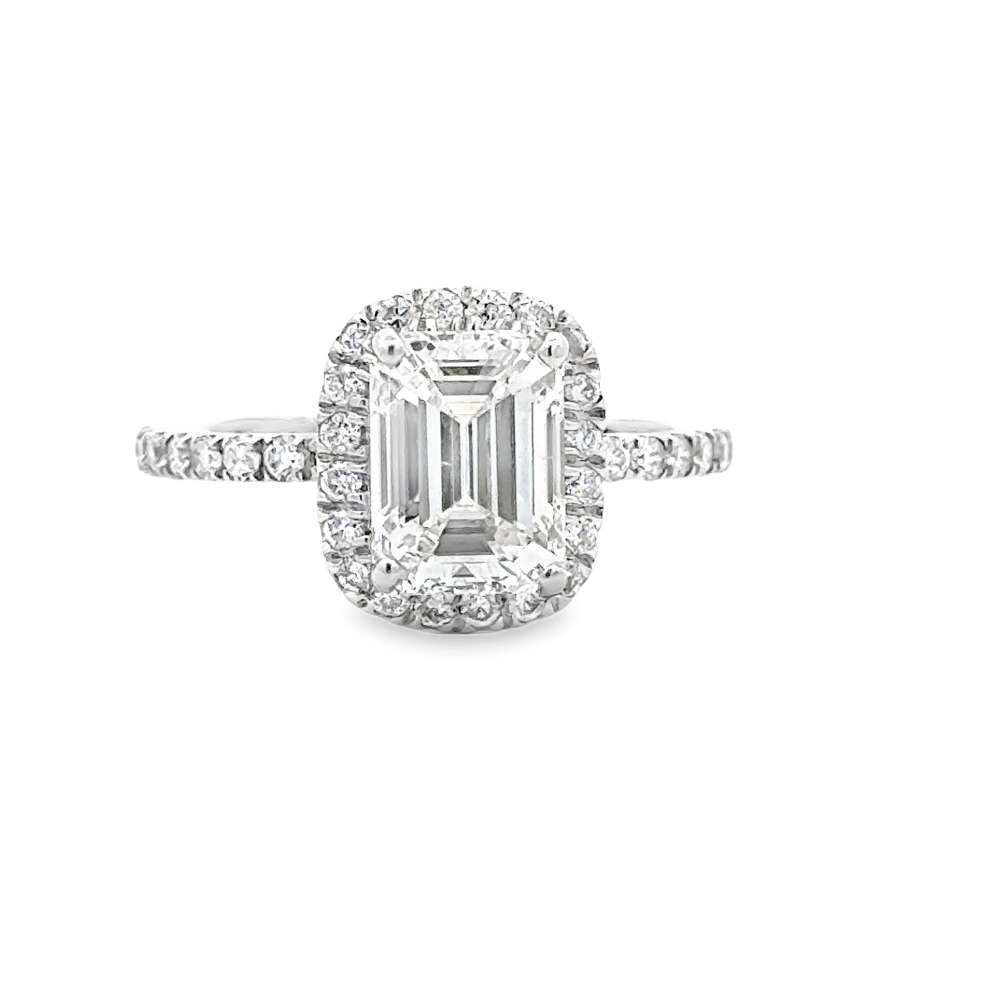 elegant emerald cut diamond ring with halo, 2.01 carat