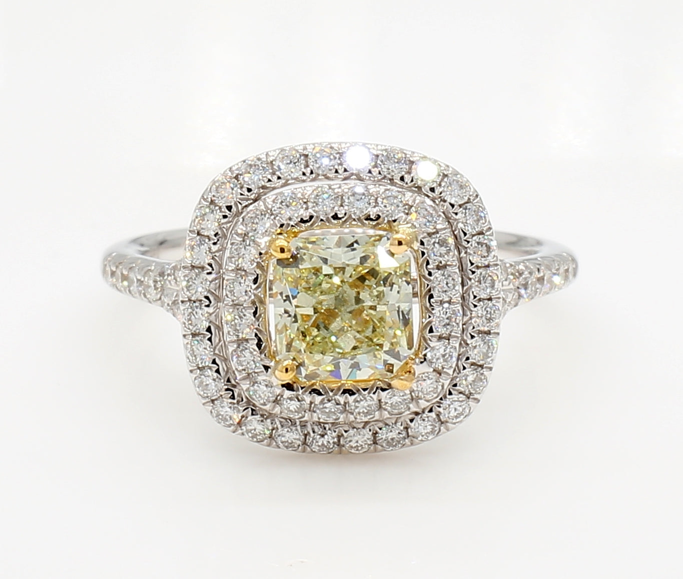 fancy light yellow cushion double square halo diamond ring  1.57 carat