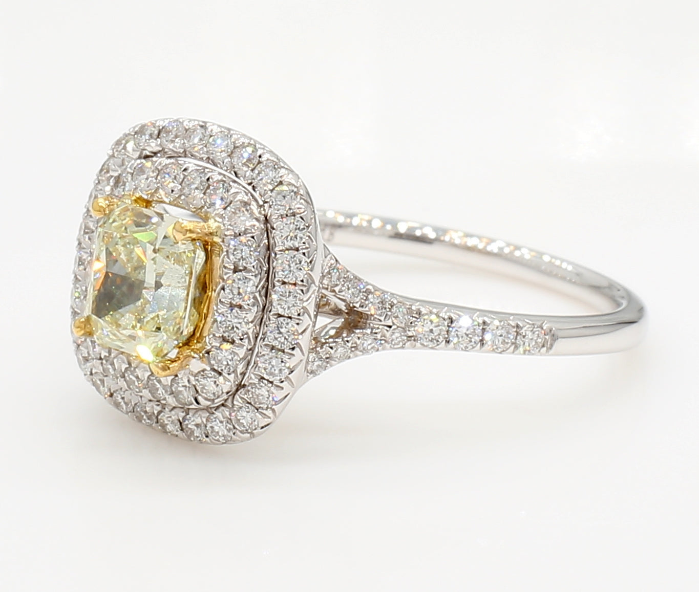 fancy light yellow cushion double square halo diamond ring  1.57 carat