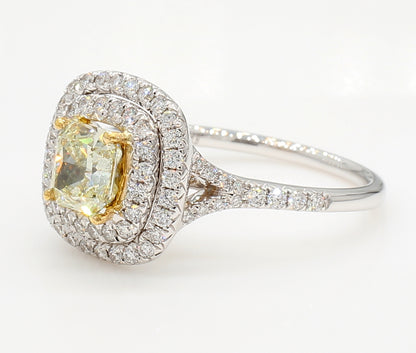 Fancy Light Yellow Cushion Double Square halo Diamond Ring  1.57 Carat