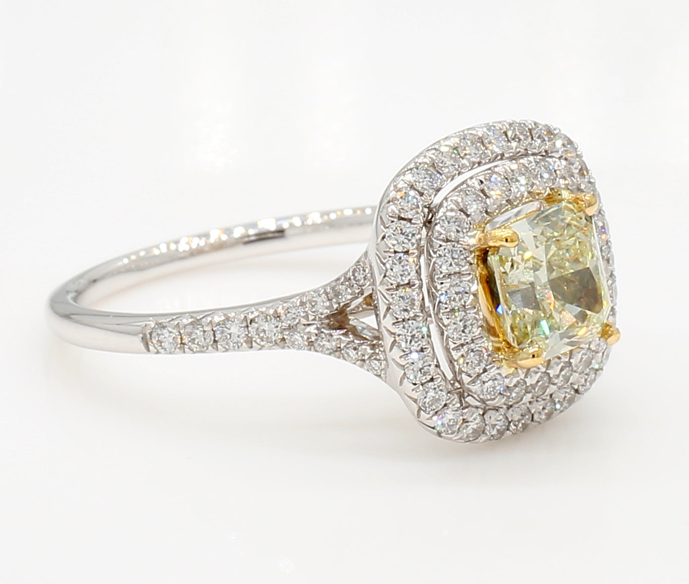 fancy light yellow cushion double square halo diamond ring  1.57 carat