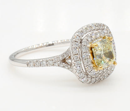 Fancy Light Yellow Cushion Double Square halo Diamond Ring  1.57 Carat