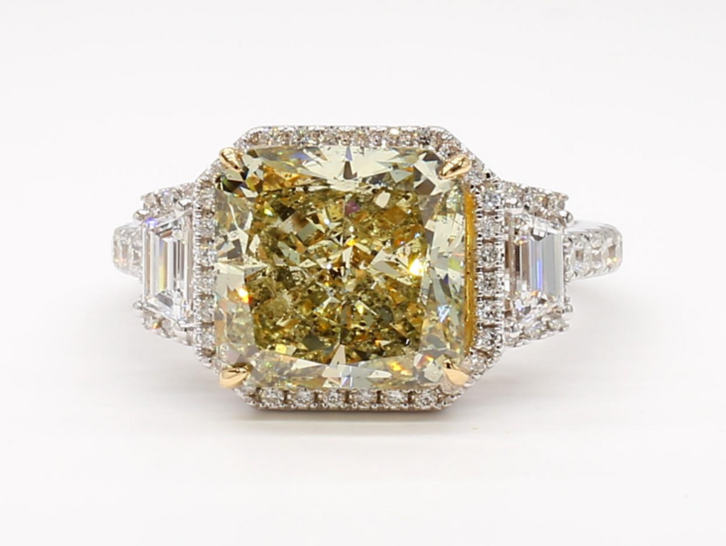 fancy grey greenish yellow halo 3 stone ring 6.87 carat