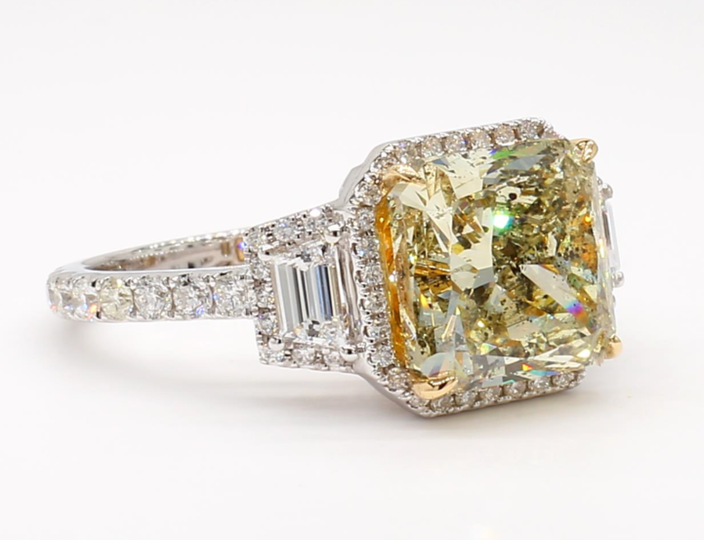 fancy grey greenish yellow halo 3 stone ring 6.87 carat