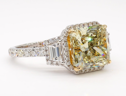 FANCY GREY GREENISH YELLOW HALO 3 STONE RING 6.87 Carat