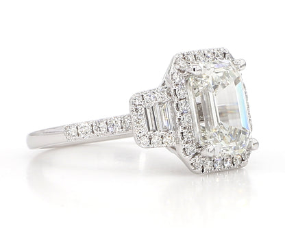 Exceptional Emerald cut 3 stone Diamond Double Halo Ring  3.75 Carat