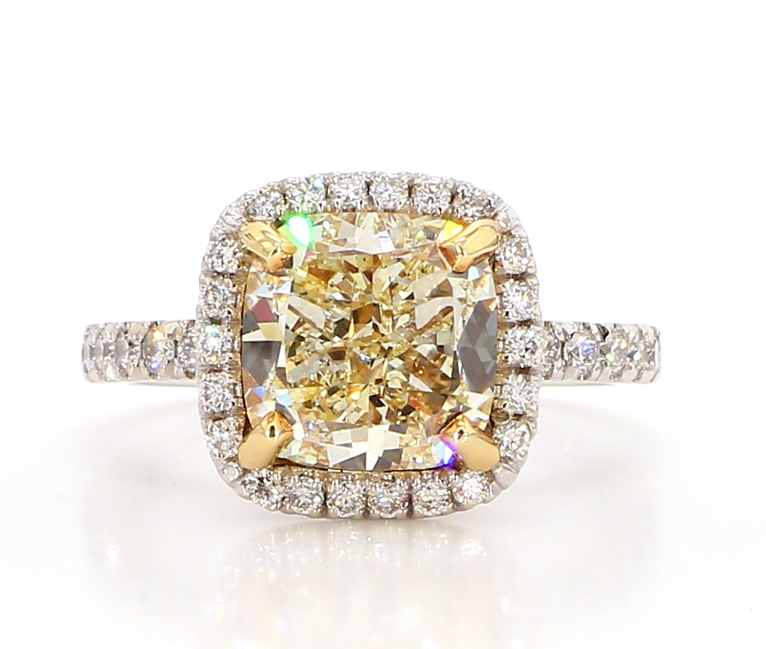 fancy yellow cushion diamond halo ring 4.15 carat