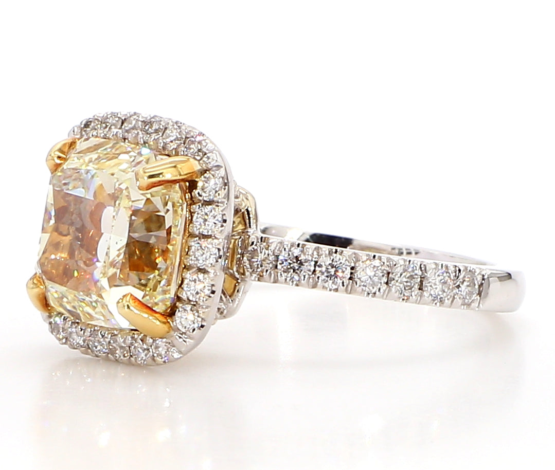 fancy yellow cushion diamond halo ring 4.15 carat