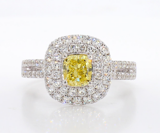 Fancy Intense Yellow Cushion Double Halo Diamond Ring  1.78Carat
