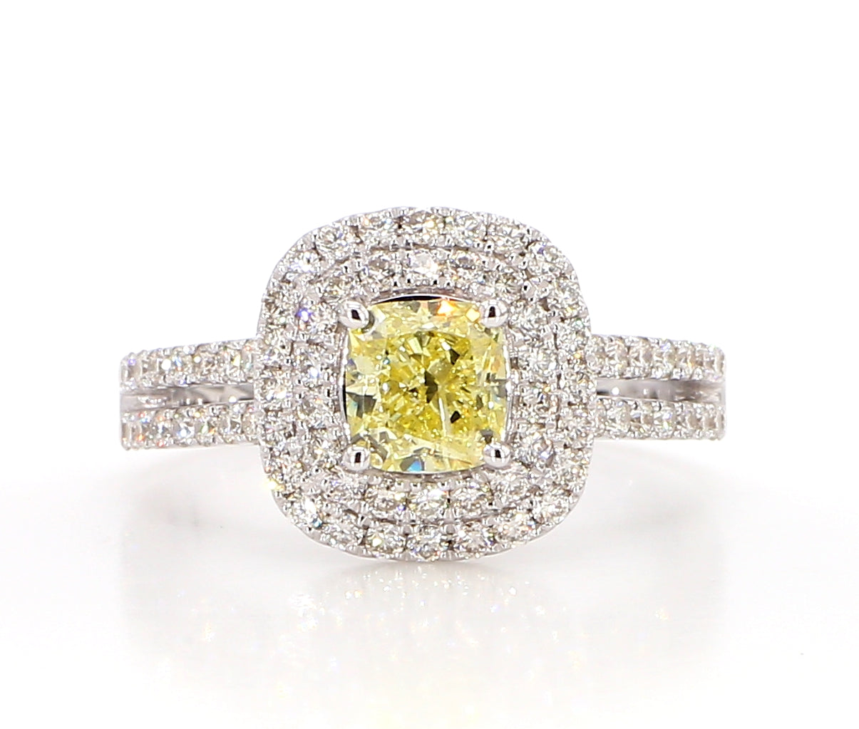 fancy light yellow cushion double halo diamond ring  1.74 carat