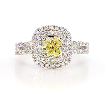 Fancy Light Yellow Cushion Double Halo Diamond Ring  1.74 Carat