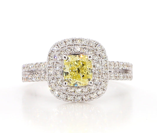 Fancy Light Yellow Cushion Double Halo Diamond Ring  1.74 Carat