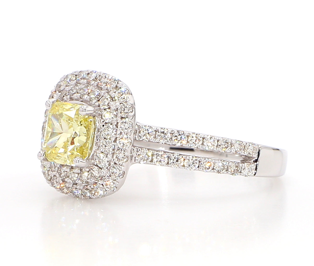 fancy light yellow cushion double halo diamond ring  1.74 carat