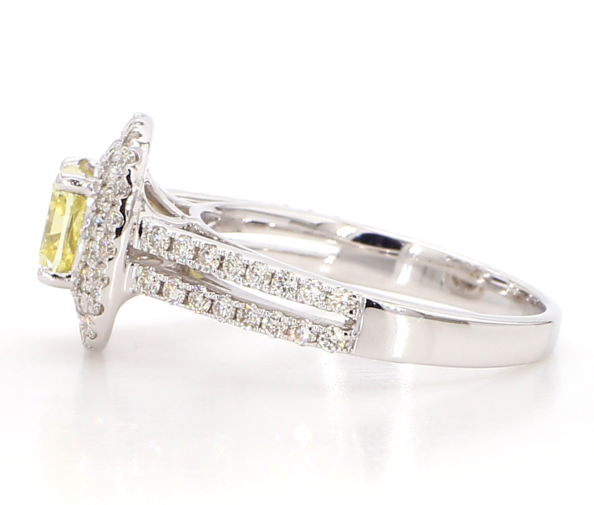 fancy light yellow cushion double halo diamond ring  1.74 carat