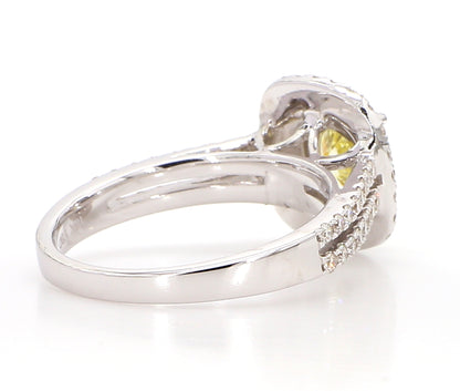 Fancy Light Yellow Cushion Double Halo Diamond Ring  1.74 Carat