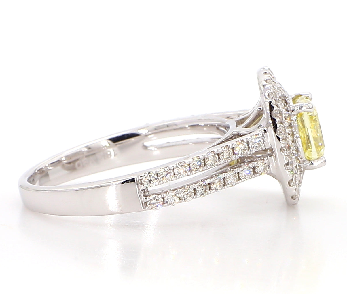 fancy light yellow cushion double halo diamond ring  1.74 carat