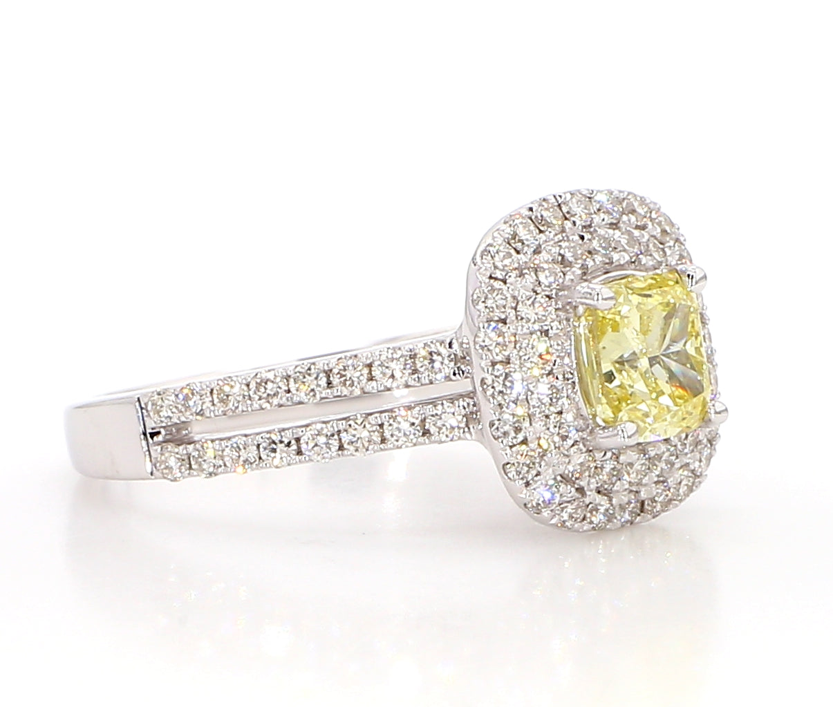 fancy light yellow cushion double halo diamond ring  1.74 carat