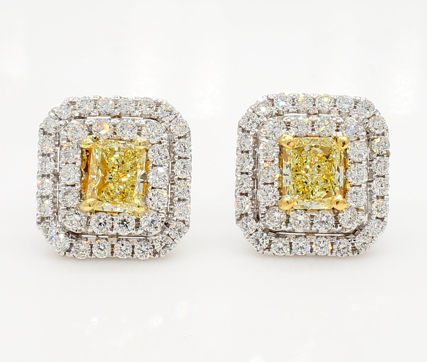 fancy yellow radiant  double halo diamond earrings 2.04 carat