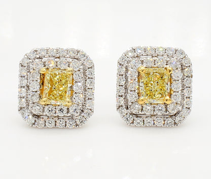 Fancy Yellow Radiant  Double Halo Diamond earrings 2.04 Carat