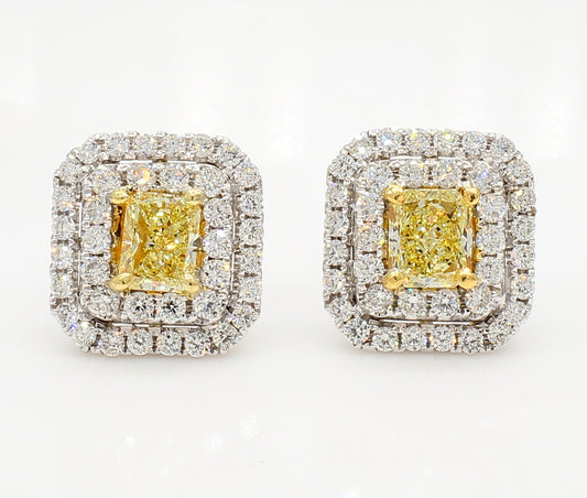 Fancy Yellow Radiant  Double Halo Diamond earrings 2.04 Carat