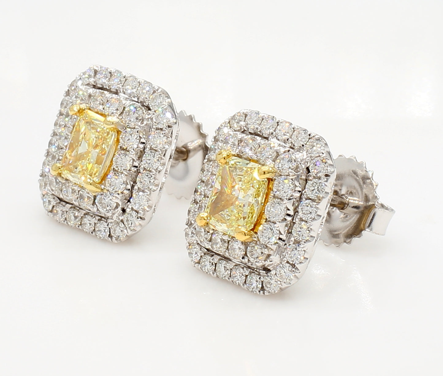 fancy yellow radiant  double halo diamond earrings 2.04 carat