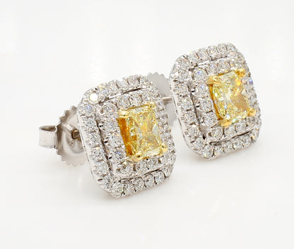 Fancy Yellow Radiant  Double Halo Diamond earrings 2.04 Carat