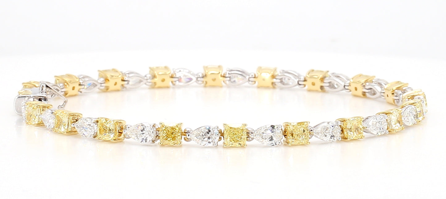 white and fancy yellow cushion diamond cut bracelet 7.49 carats