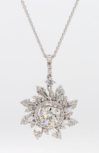 White Diamond Baguette & Round  Snowflake Pendant 1.38 Carat