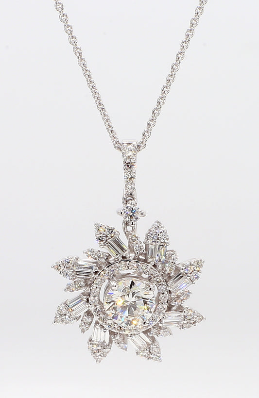 White Diamond Baguette & Round  Snowflake Pendant 1.38 Carat