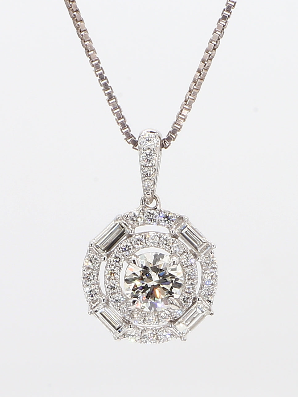 white diamond baguettes & round  pendant necklace 0.93 carat