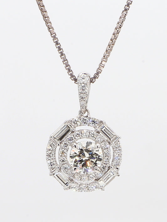 White Diamond Baguettes & Round  Pendant Necklace 0.93 Carat